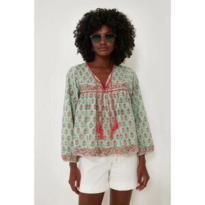 Tuckernuck Marea Green Pink Floral Tassel Blouse Peasant Boho Cottagecore Small